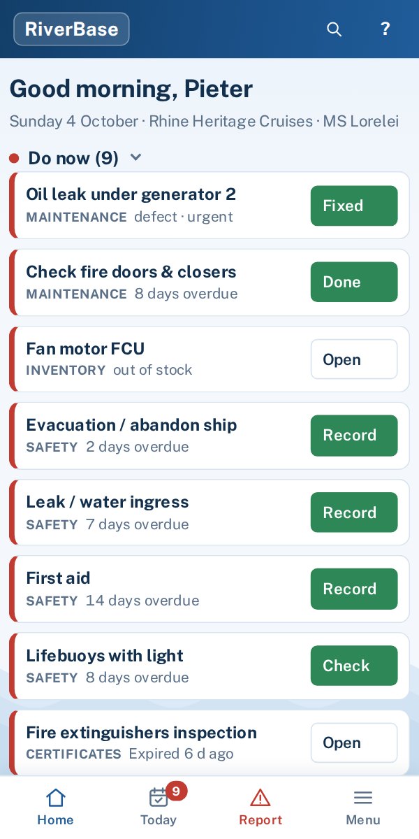 RiverBase on a phone: today's tasks with a Done button